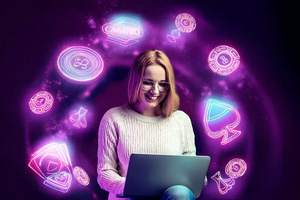 A woman smiling by bright slot machines showing lucky symbols, showcasing the exciting slot offerings at SOUL776.